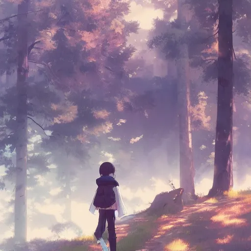 Image similar to anime character in the woods, hyperrealistic, trending on pixiv fanbox, painted by greg rutkowski makoto shinkai takashi takeuchi studio ghibli, akihiko yoshida