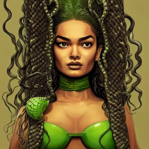 Image similar to Shanina Shaik as Medusa, snakes for hair, highly detailed, digital painting, artstation, concept art, smooth, sharp focus, illustration, art by Chris Achilleos, in the style of Medusa (1988) by Chris Achilleos.