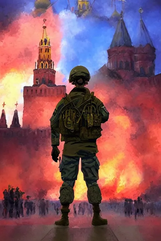 Prompt: special forces soldier with ukrainian blue and yellow shoulder patch on the foreground watching red square kremlin burn in the background, d & d, fantasy, bright atmosphere, volumetric lights, intricate, elegant, extremely detailed, digital painting, artstation, concept art, matte, smooth, sharp focus, hyper realistic, illustration, art by artgerm and greg rutkowski and alphonse mucha