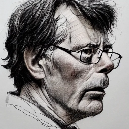 Prompt: a realistic yet scraggly portrait sketch of the side profile of a stern and sophisticated stephen king, trending on artstation, intricate details, in the style of frank auerbach, in the style of sergio aragones, in the style of martin ansin, in the style of david aja, in the style of mattias adolfsson