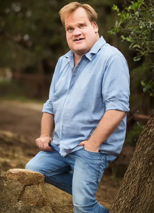 Image similar to DSLR photo portrait still of 58 year old age 58 Chris Farley at age 58!!!, 85mm f1.8