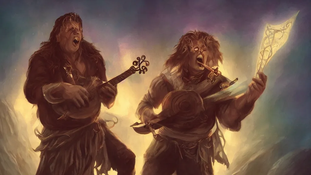 Image similar to A half-orc bard played by Gary Busey playing the lute, dreamscape, dramatic lighting, fantasy art illustration, trending on artstation, Aetherpunk