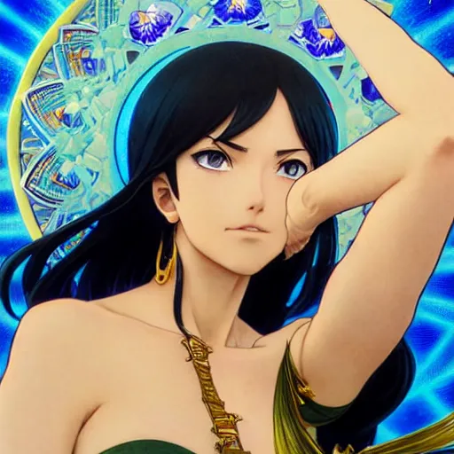 Prompt: highly detailed vfx portrait of nico robin by eiichiro oda, makoto shinkai, alphonse mucha, sharp focus, art by artgerm and greg rutkowski!, backlit, harsh overhead sunlight, blue eyes, stanley kybric, yusuke murata, hiroya oku, makoto yukimura, pixiv, fanbox,