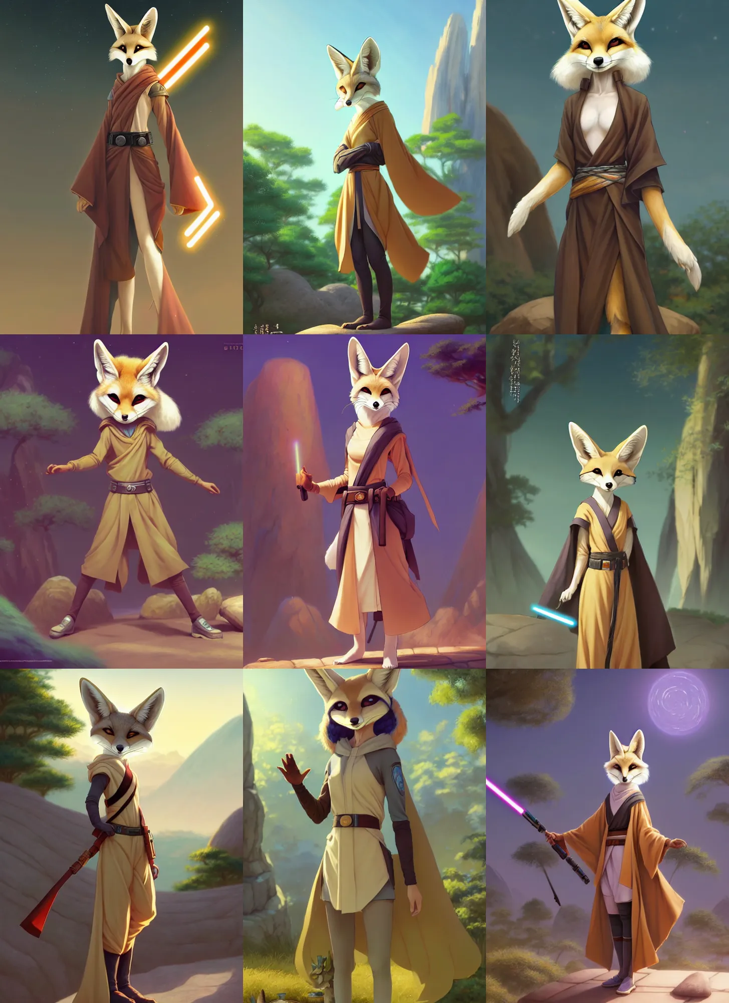 Prompt: wide angle beautiful full body portrait of a strong female anthropomorphic anthro fennec fursona wearing jedi robes at a zen garden. character design by disney, anime, manga, charlie bowater, ross tran, artgerm, and makoto shinkai, detailed, soft lighting, rendered in octane