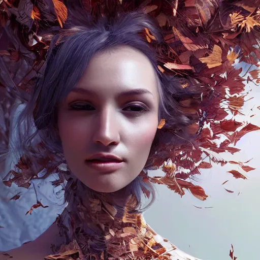 Image similar to a highly detailed digital image of a futuristic woman elegantly wrapped with leaves, artstation, extremely detailed woman, stunning volumetric lighting, hyper realism, fantasy 4k,