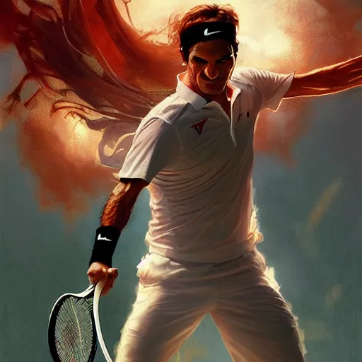 Image similar to roger federer as a hero, picture by greg rutkowski, dynamic pose, intricate, futuristic, fantasy, elegant, by stanley artgerm lau, greg rutkowski, thomas kindkade, alphonse mucha, loish, norman rockwell,