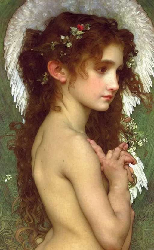 Image similar to portrait of a beautiful angel, intricate, elegant, hyperdetailed by alphonse mucha and william - adolphe bouguereau and john william waterhouse