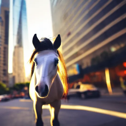 Prompt: a cute pony in the middle of a busy street with skyscrapers, low angle camera, cinematic, very detailed, 4 k, depth of field