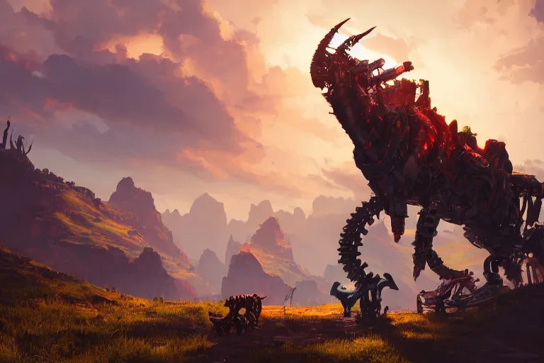 Image similar to grimhorn fanghorn machine mecanical creature robot of horizon forbidden west horizon zero dawn bioluminiscence global illumination ray tracing hdr fanart arstation by ian pesty and alena aenami artworks in 4 k