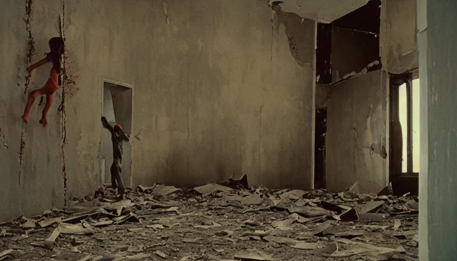 Image similar to 7 0 s film still from a horror movie about angry children climbing the walls of an abandoned church, kodachrome, cinecolor, cinestill, film grain, film texture, retro, cinematic, high resolution, photorealism,