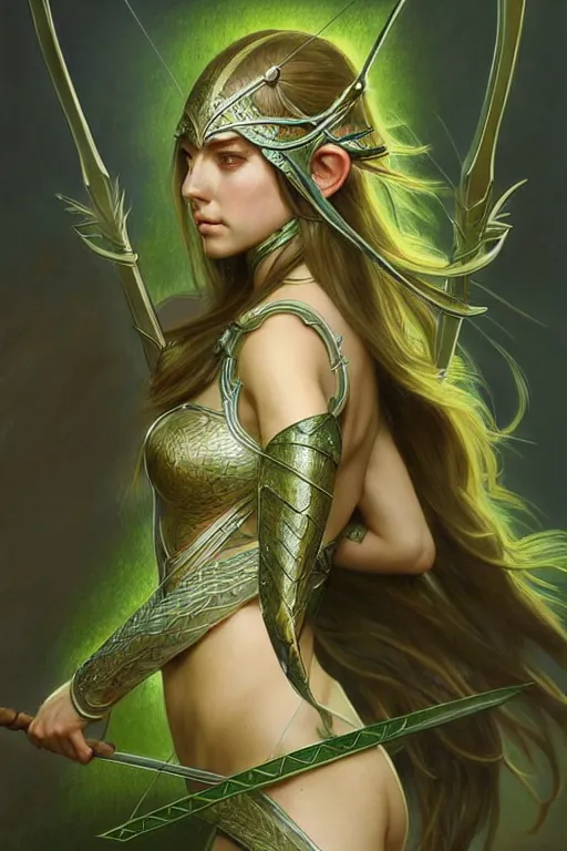 Image similar to male elven Archer armor made of green leaves, fantasy, amber eyes, face, long hair, intricate, elegant, highly detailed, digital painting, artstation, concept art, smooth, sharp focus, illustration, art by artgerm and greg rutkowski and alphonse mucha