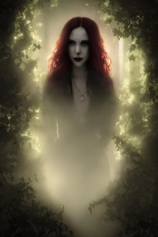 Image similar to Riveting Charismatic female vampire Pandora, portrait, atmospheric lighting, painted, intricate, Highgate cemetery, volumetric lighting, beautiful, moon light, sharp focus, ultra detailed, by Leesha Hannigan, Ross Tran, Thierry Doizon, Kai Carpenter, Ignacio Fernández Ríos