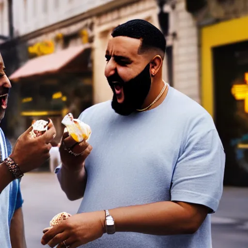 Image similar to Hide the pain Arnold and DJ Khaled licking ice cream in street while walking, 4K, photorealistic