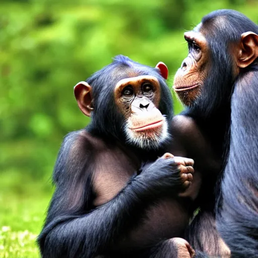 Image similar to chimpanzee looking curiously at a cyborg, hd photograph