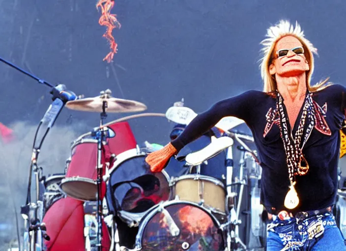 Image similar to photo still of david lee roth at the woodstock 9 9!!!!!!!! at age 3 6 years old 3 6 years of age!!!!!!!! on stage in spandex, 8 k, 8 5 mm f 1. 8, studio lighting, rim light, right side key light