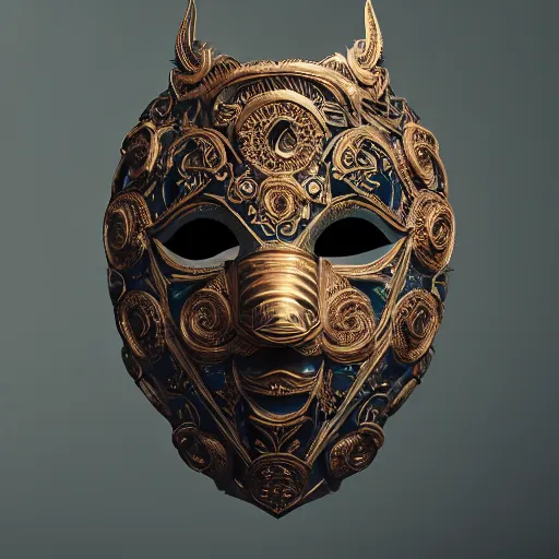 Image similar to an elaborate intricate mask surrounded by storm clouds, rendered in octane, behance hd, bokeh backdrop