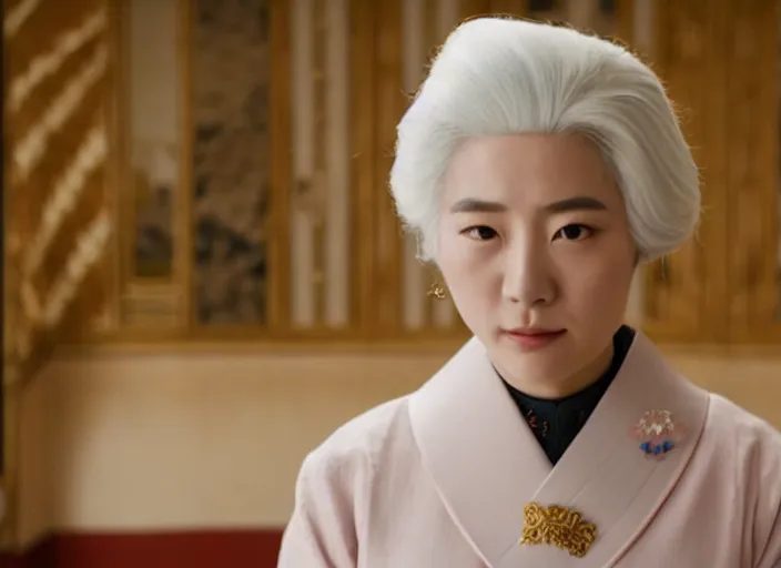 Image similar to a film still of a japanese princess young lady called kamisato ayaka, with white hair and bangs!!!! in the grand budapest hotel ( 2 0 1 4 )