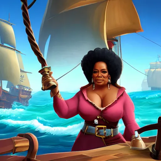 Prompt: Oprah as a pirate in the game Sea of thieves, digital art, trending on artstation