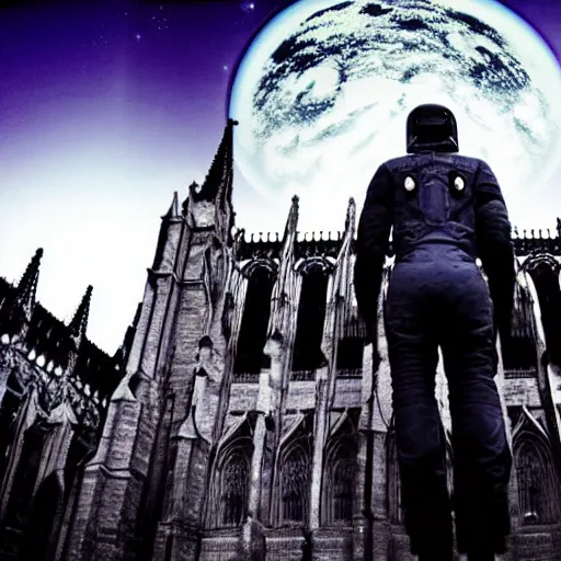 Prompt: astronaut on a dystopian planet looking up at an eerie gothic cathedral with an obsidian vortex floating in the sky