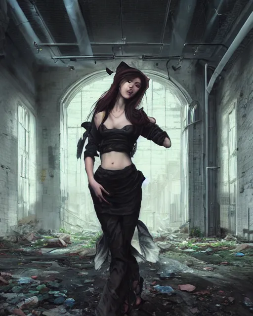 Image similar to daniel gerhartz and artgerm portrait digital rococo painting of a beautiful woman wearing streetwear clothing, abandoned warehouse interior in the background, unreal engine, hyper realism, realistic shading, cinematic composition, blender render, octane render, hdr, detailed textures, photorealistic, ultrawide shot, 3 5 mm film