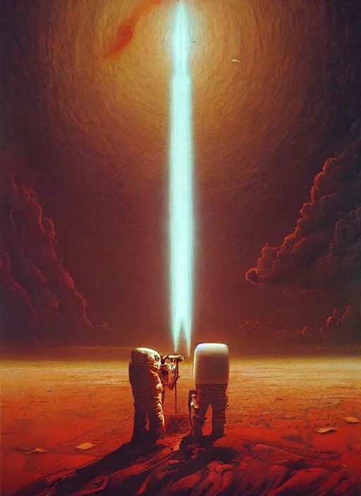 Image similar to A painting in a style of Beksinski featuring Elon Musk, rockets, mars and technology. Very detailed