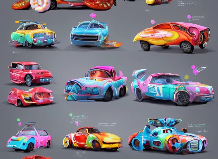 Image similar to concept design of cute candy cars for a aaa game, must be made by types of candy the car, oil painting by eren arik and jama jurabaev, extremely detailed, brush hard, artstation, high quality, brush stroke