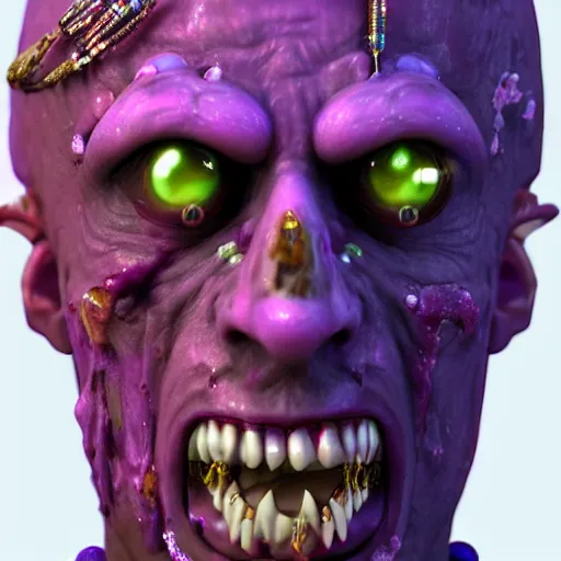 Image similar to zombified purple human with jewels in his skin. portrait by blinx. 4 k octane render.