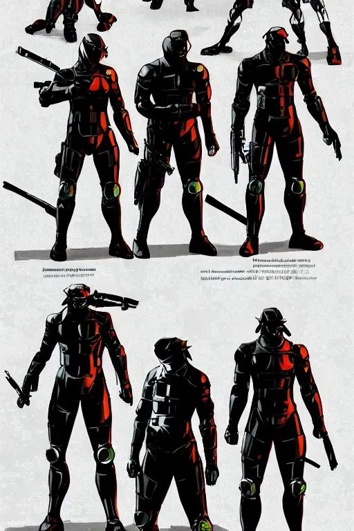 Image similar to robot ninja mask helmet metal gear solid snake pose training suit swat heros chaykin howard and campion pascale and cooke darwyn and davis jack illustration character design concept the phantom pain cosplay sniper wolf