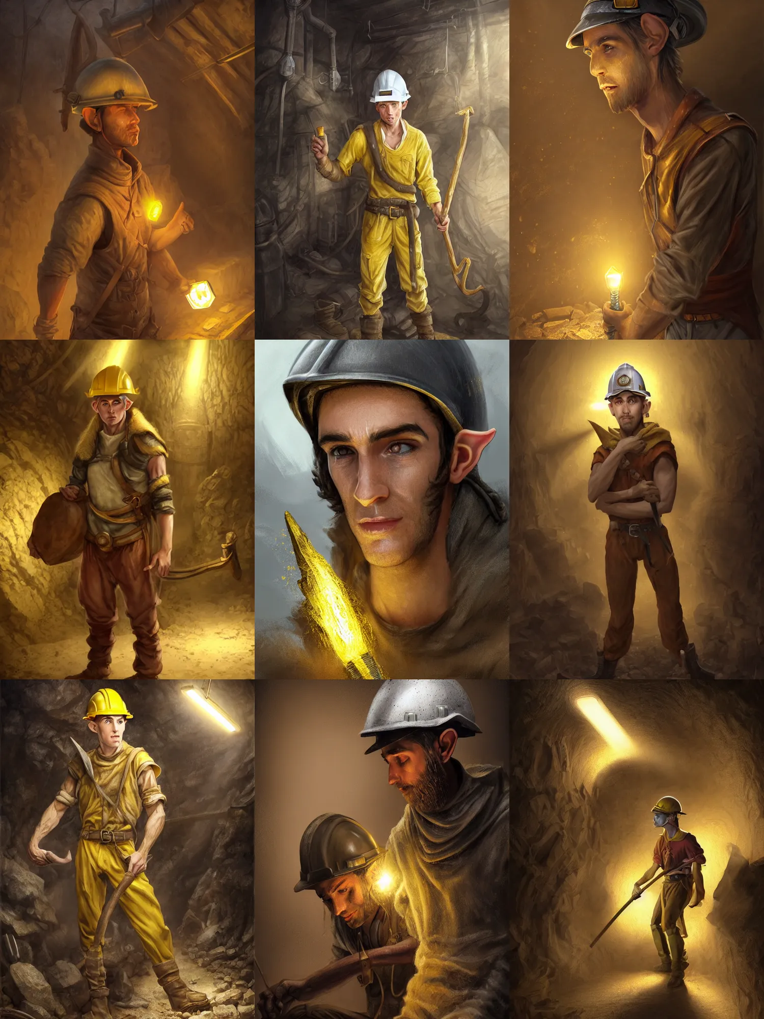 Prompt: picture of male miner young pointy eared elf inside a gold mine, burly, work clothes, safety helmet, light skin, dark yellow hair, ponytail, sweat, dirty clothes, high fantasy, highly detailed, detailed faces, smooth, sharp focus, chiaroscuro, dnd, digital painting, concept art, rossdraws and moebius and jon mcnaughton