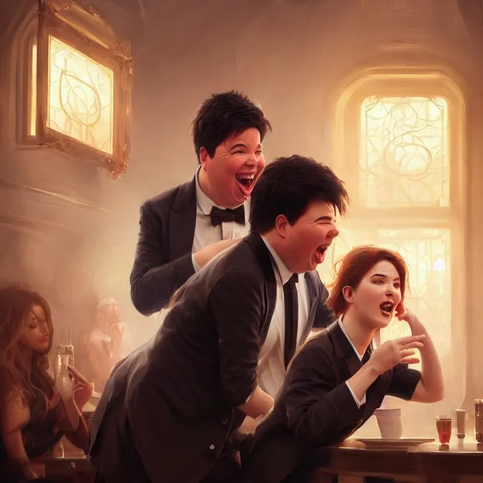 Image similar to michael mcintyre flirting with a singing waitress, elegant, real life skin, intricate artwork, high detailed, artstation, concept art, smooth, sharp focus, art by artgerm and greg rutkowski