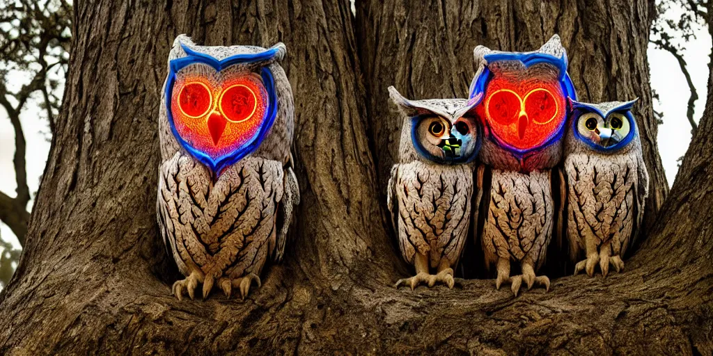 Image similar to A giant two-headed owl with red and blue eyes sitting on a throne carved in a big tree, moonlight, natural light, Cinematic level shot, dynamic pose, award winning photograph, photorealism, beautiful lighting, sharp, details, hyper-detailed, HDR, 8K