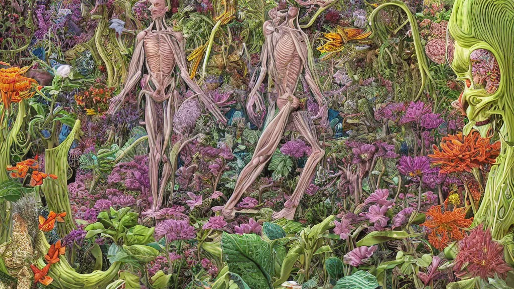 Image similar to highly detailed illustration of a single human anatomy body surrounded by all the known species of plants and flowers by juan gatti, by moebius!, by oliver vernon, by joseph moncada, by damon soule, by manabu ikeda, by kyle hotz, by dan mumford, by kilian eng