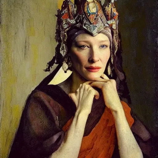 Image similar to cate blanchett by Annie Swynnerton and Nicholas Roerich and Vermeer, strong dramatic cinematic lighting , ornate headdress , lost civilizations, smooth, sharp focus, extremely detailed