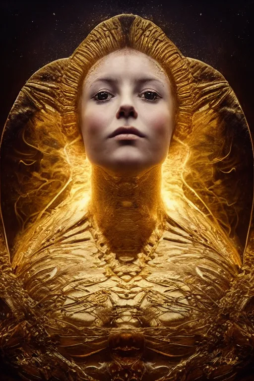 Prompt: Hyper realistic portrait of a goddess floating in the middle of ancient sky, gold fluid simulation, Cinematic lighting, ultra super good realistic photography by Emil Melmoth, symmetry, insanely detailed, trending on artstation, 8k