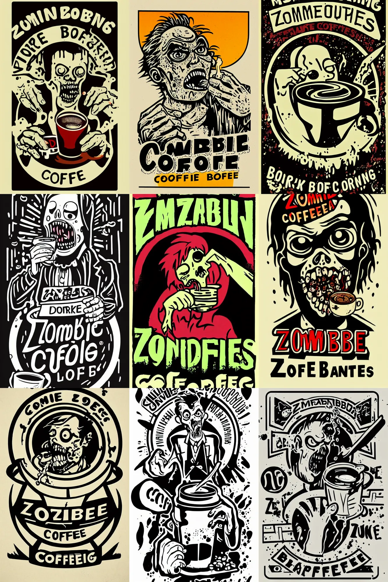 Image similar to zombie drinking coffee logo, take away coffee, by mcbess, full colour print, vintage colours, lightning bolts, 1950s