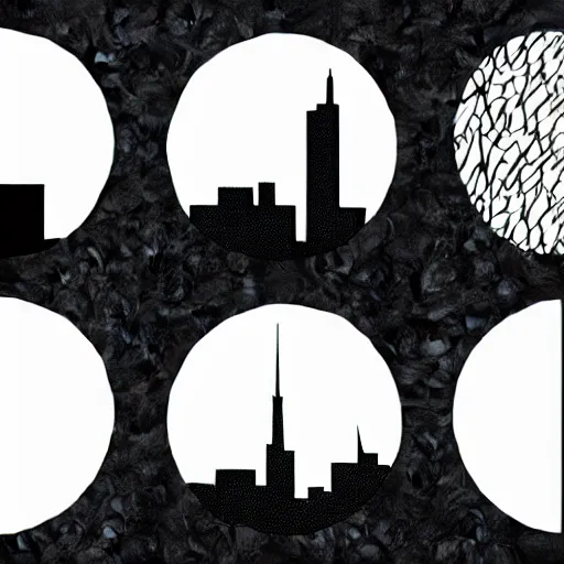 Image similar to a perfect circle where the inside is empty blank space and around the outer edge of the circle is the silhouette of a city skyline, black and white, minimalist, in the style of a line drawing