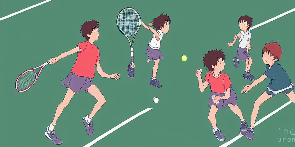 Image similar to digital art of anatomically correct kids playing tennis by studio ghibli