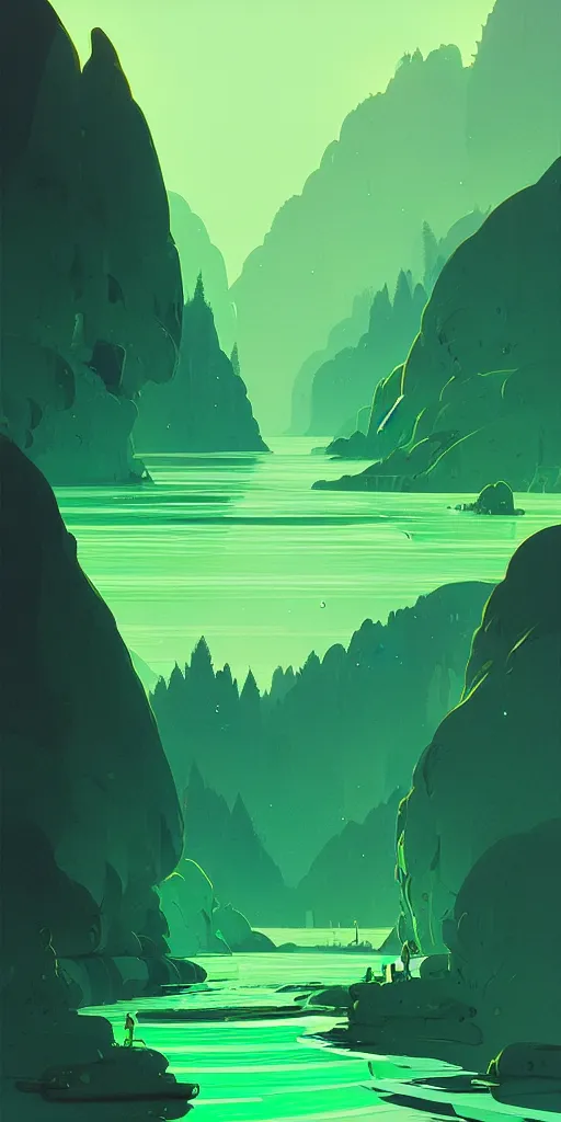 Image similar to by moebius and atey ghailan | a bright green river with clear crystal boats moving up and down it |