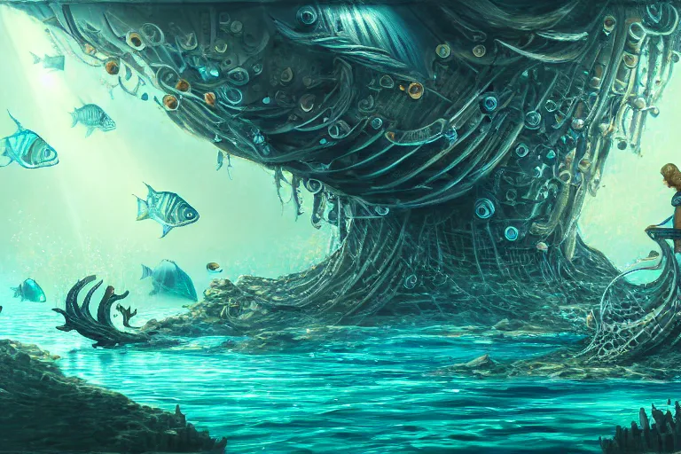 Image similar to fish hunting for humans, under the sea, sci - fi, fantasy, intricate, elegant, highly detailed, concept art, high contrast, sharp focus, oil painting, 4 k