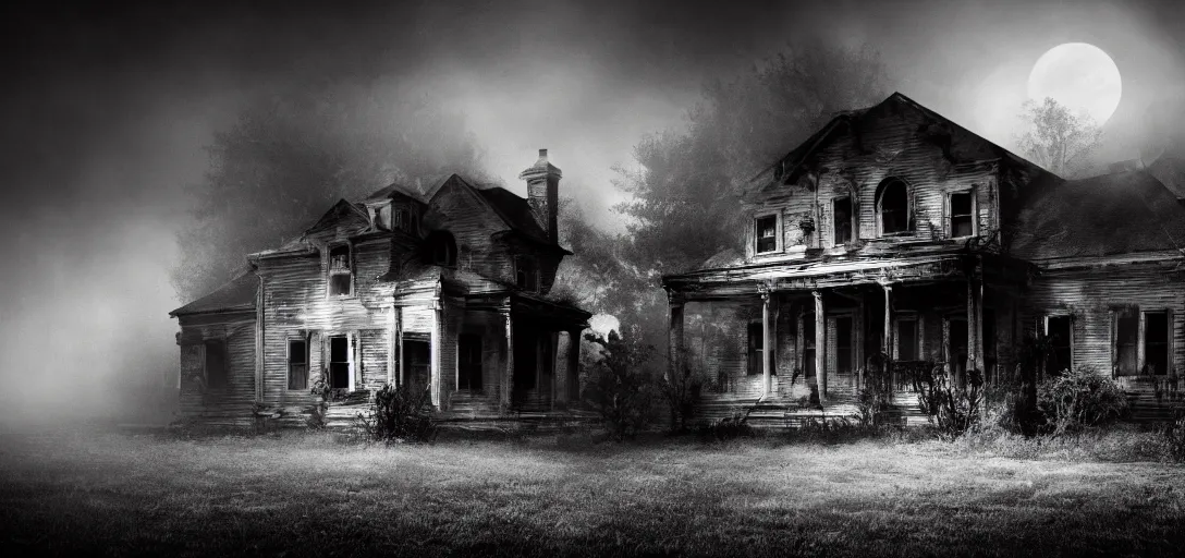 Image similar to opening cinematic shot from a horror movie about a haunted house, establishing shot, wide angle lens, dramatic lighting, fog, southern gothic