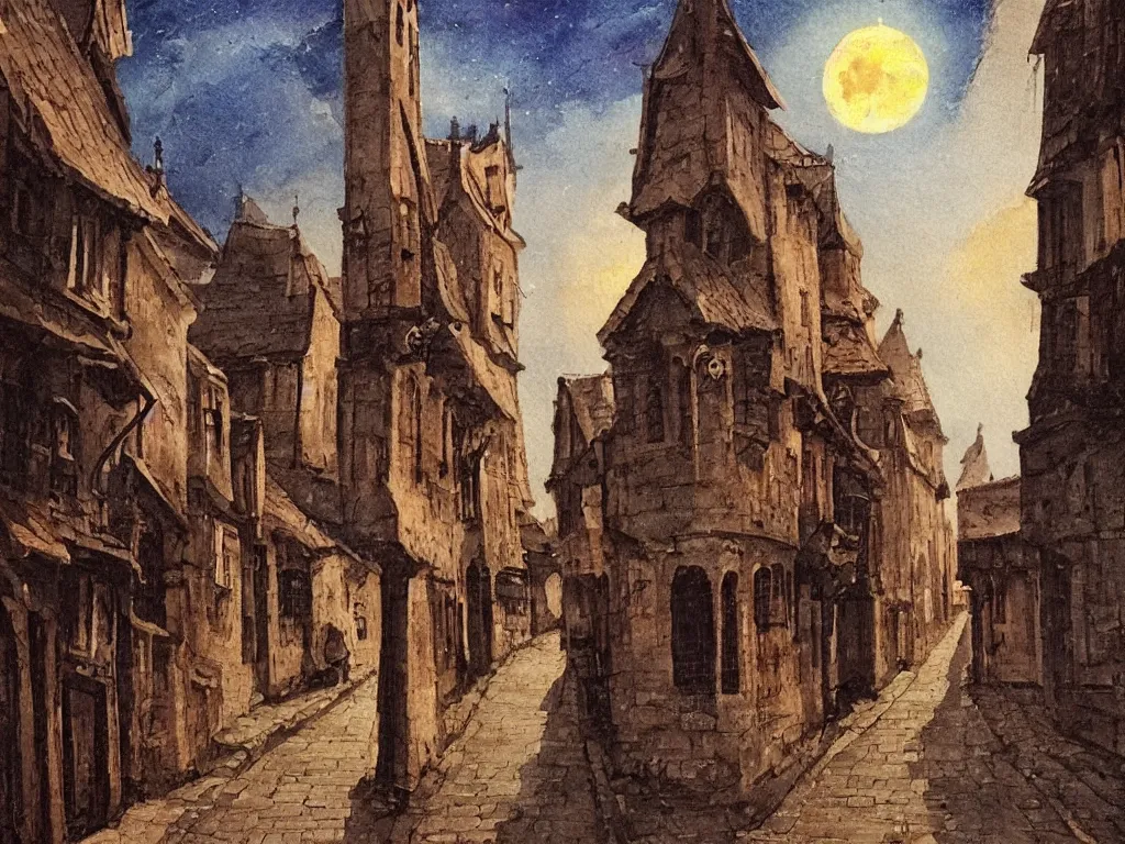 Image similar to moonlit medieval city street, moon covered with long horizontal clouds, natural colors, medieval painting