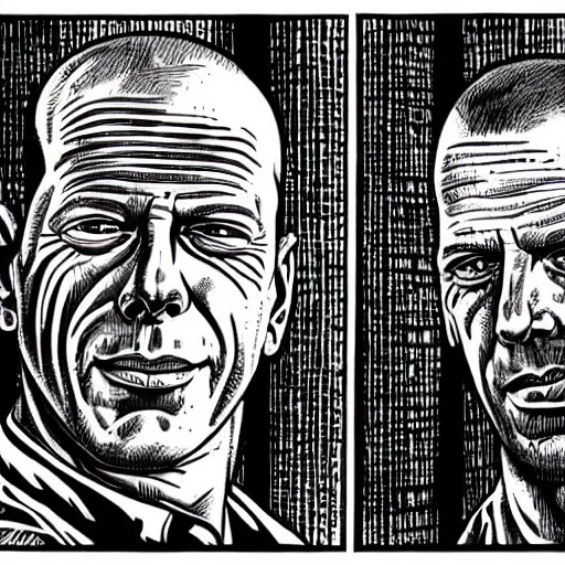 Image similar to a illustration portrait of Bruce Willis in Die Hard drawn by Robert Crumb