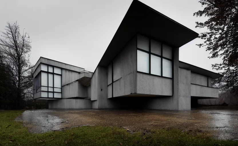 Image similar to a wide angle exterior shot of a brutalist architecture house with rainy and moody cinematic lighting by darek zabrocki and greg ruthkowski, alphonse mucha, simon stalenhag and cinematic and blue cold atmospheric, architectural visualization, archiviz, archdaily, deezen, design milk, archillect concept art, artstation, trending on artstation