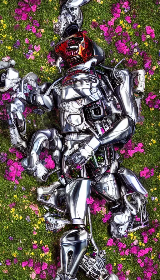 Image similar to destroyed terminator lying in a field of flowers, twisted, chrome, reflections, anthropomorphic, photorealism, smoke, 8 k, wires, smooth, sharp focus, top view, extremely detailed, hyperrealism, elegant, establishing shot, by jeff koons, artgerm and greg rutkowski