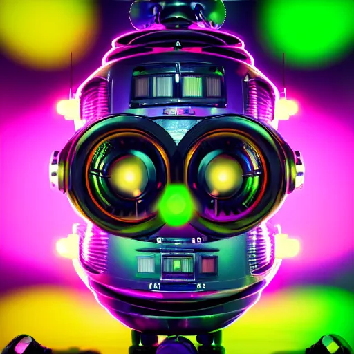 Prompt: album art for a famous dj, the album is called r. o. b. o. r. o. c. k. 3 dieselpunk robot heads with robot arms on a dj desk with a cd mixer, 8 k, fluorescent colors, halluzinogenic, multicolored, exaggerated detailed, front shot, 3 d render, octane