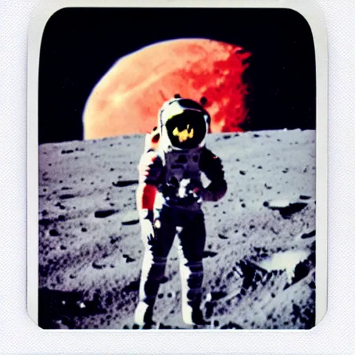 Image similar to vintage polaroid of barbarella on the surface of the moon landing, detailed clouds, warm azure tones, red color bleed, film grain