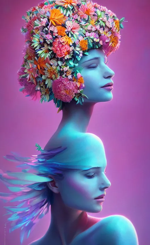 Image similar to a beautiful oil painting hyperrealism of a beautiful woman, flowers, floral headdress, 8 k resolution, octane render, trending on artstation, by gediminas pranckevicius, volumetric light 2 blue fractal thunder glow by dan mumford, anaglyph effect, laurie lipton