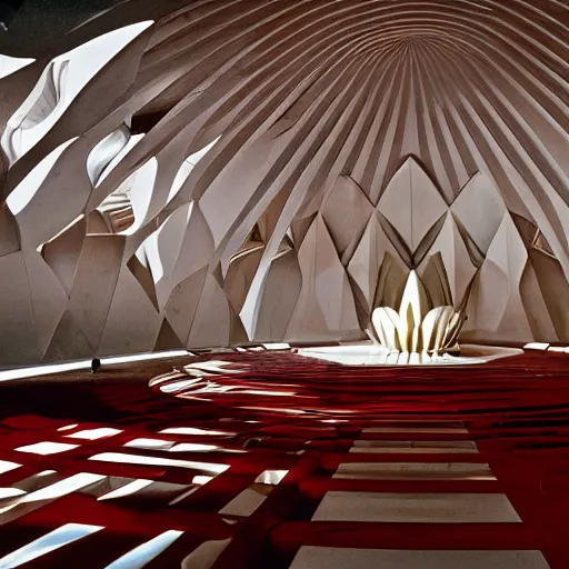 Image similar to interior of a futuristic lotus temple space station with gold, red and white marble panels, by buckminster fuller and syd mead, intricate contemporary architecture, photo journalism, photography, cinematic, national geographic photoshoot