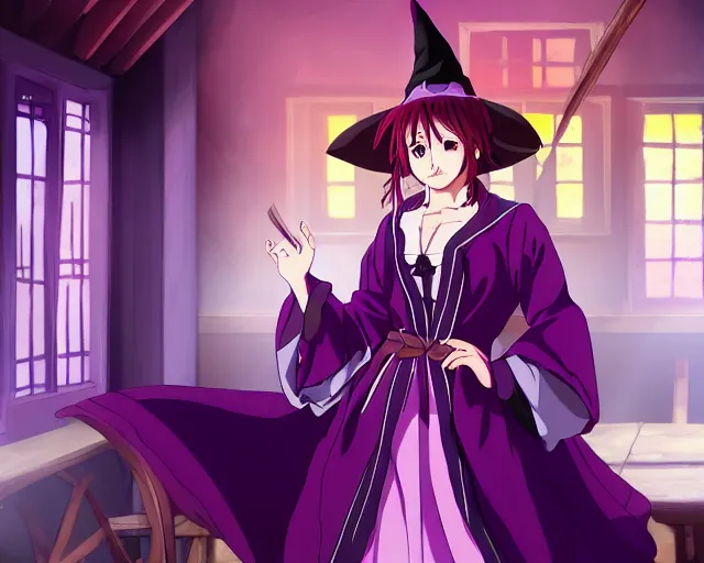 Image similar to key anime visual portrait of a young female witch purple feathered robe in a tavern interior, dynamic pose, dynamic perspective, cinematic, dramatic lighting, muted colors, fine detail, textured, big detailed eyes, anatomical proportions