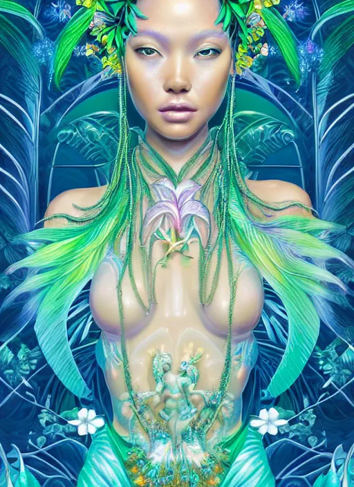 Prompt: porttait of a beautiful celestial Hawaiian pearlescent lush garden Goddess wearing a futuristic lush luxurious suit exposed in cryo chambers by James Jean, royal green and oceanic blue theme, intricate, elegant, highly detailed, centered, digital painting, lush hawaiian landscape, sakura season, Kauai inspired, artstation, concept art, smooth, sharp focus, illustration, by Peter Mohrbacher, WLOP